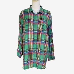 Chaps Denim 100% Cotton Green Plaid Button Down Shirt Women’s 1X Classic